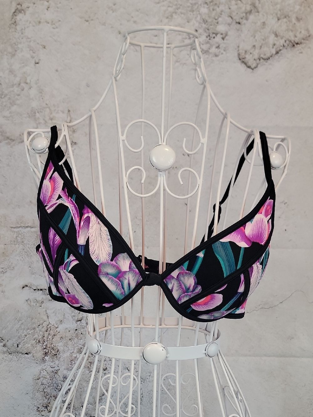 Body Glove Bikini Top Floral Underwire Bralette - Black with Pink & Teal  Size L